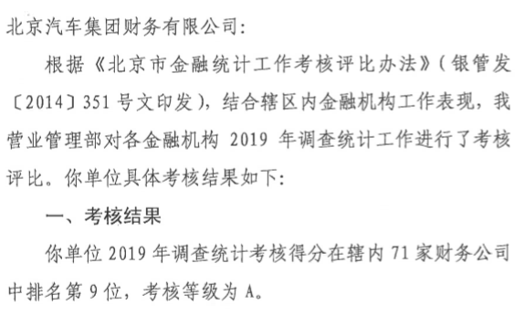 北汽财务公司调查统计工作获A级评价